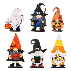 Halloween wooden gnome figurines set featuring ghosts and pumpkins for spooky table decor