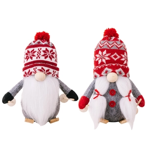 Nordic Christmas gnomes set with snowflake knit hats and wooden skis on white background