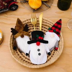 Three-piece Christmas gnome cutlery holder set featuring reindeer and plaid felt dolls