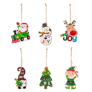 Set of six wooden Christmas ornaments featuring Santa, snowman and reindeer with twine ropes