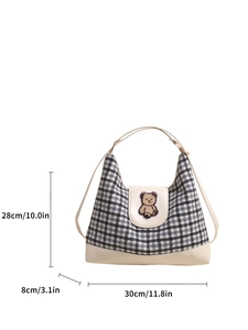 Large capacity black and white checkered hobo tote bag with cute bear embroidery detail