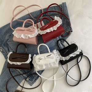 Mini Sac à Main en Cuir PU pour Femmes Avec Nœud Décoration en Dentelle Élégant Sac Bandoulière Style Coréen pour Filles