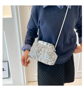 Detailed view of silver sequin dumpling bag featuring pleated design and sleek chain strap