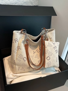 Large Capacity Letter Print Tote Bag Set Vintage Urban PU Leather Shoulder Bag With Chain Strap And Pouch For Women Daily Use