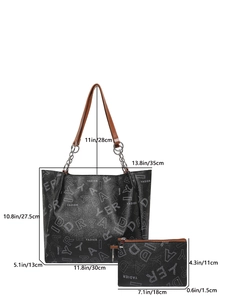 Vintage black faux leather tote bag with chain strap and matching small pouch