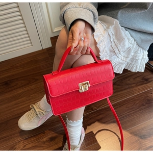 Detailed view of red crocodile pattern handbag featuring a gold metallic clasp and handle