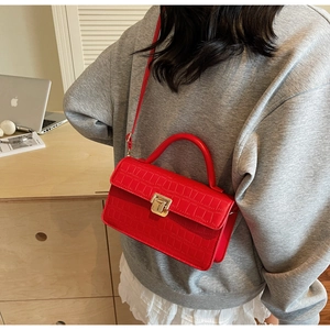 Detail of red crocodile texture handbag with golden metal lock and leather shoulder strap