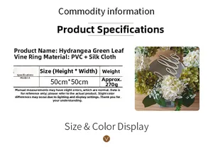 Detail of 50cm hydrangea wreath with green leaves and wooden Hello sign on PVC vine base