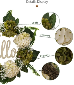 Detail view of artificial hydrangea wreath with green leaves and rattan base