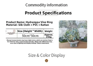 Detail specifications of 50cm hydrangea wreath showing material composition and 310g weight