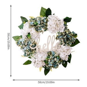 Detail of 50cm faux hydrangea wreath with green leaves and a hello sign on white background