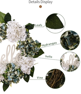 Detailed view of artificial hydrangea wreath with green leaves and a hello wooden sign