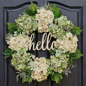 Artificial Hydrangea Wreath Wood Hello Sign Satin Plastic Flowers Green Leaves Rattan Base Front Door Farmhouse Decor