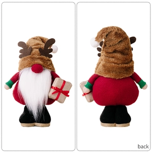 Vista frontal y trasera de un gnomo de Navidad con astas de reno y caja de regalo