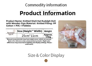 Detail specifications of knitted Rudolph doll with shell hat and weighted base details