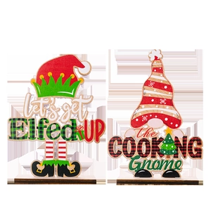 Christmas wooden gnome tabletop signs with green plaid and red stripe elf designs