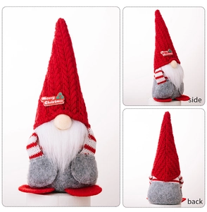Three-sided view of a Christmas gnome with red knitted hat and Merry Christmas embroidery