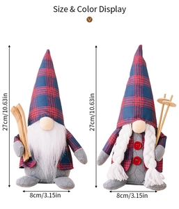 Size display of red and blue plaid Christmas gnome plush dolls with dimension markings