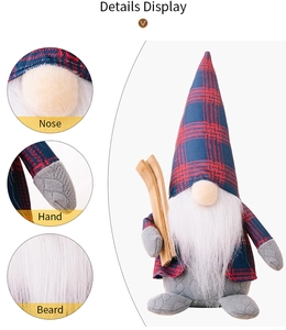 Detail view of gnome nose, white faux fur beard, and red blue plaid hat textures