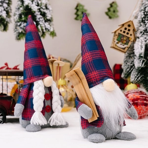 Detail of Christmas gnome pair with red-blue plaid hats and wooden button accents