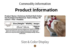 Size chart and weight details for knitted Christmas gnome with reindeer antlers