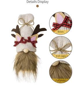 Detail display of Christmas gnome with knit cap, antlers, and soft faux fur beard texture