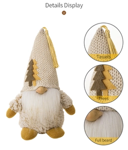 Detail display of Christmas gnome showing knitted tassels, felt trees, and soft full beard