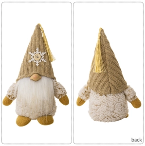 Front and back detail of a Nordic Christmas gnome plush with knit hat and faux fur beard