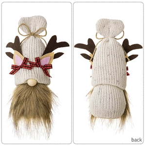 Detailed front and back view of Christmas gnome with knit shell hat and brown antlers