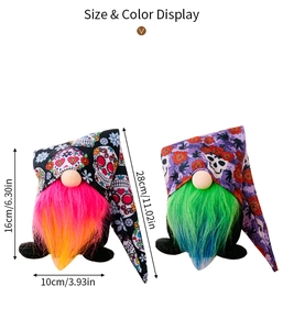 Size display of 16cm Halloween gnomes with colorful gradient beards and skull hats