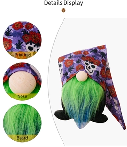 Detail display of Halloween gnome featuring skull print hat, wooden nose and green beard