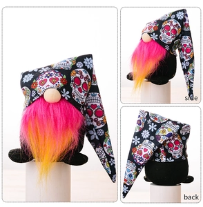 Detailed views of Day of the Dead gnomes with colorful sugar skull hats and gradient beards