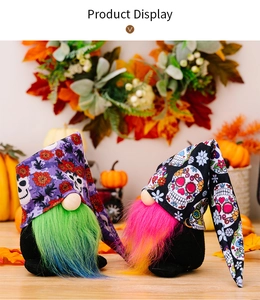 Macro detail of Halloween gnomes with skull print hats and colorful vibrant beards