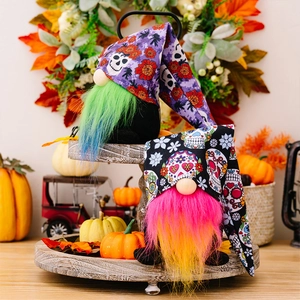 Halloween gnomes with colorful sugar skull hats and vibrant gradient fiber beards on wood