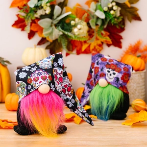 Detail of colorful Halloween gnomes featuring skull patterns and vibrant faux fiber beards