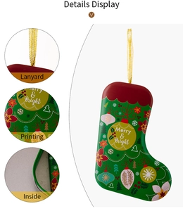 Detail showing Christmas stocking tin box with Merry & Bright text and lanyard close-ups