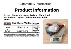 Size chart showing 18x5cm dimensions for red and black plaid LED Christmas gnome gnomes