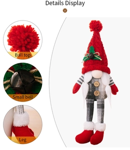 Detail showing the knitted hat with ball top, small bell, and legs of the Christmas gnome