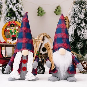 Nordic Christmas Gnomes Ornaments Red Blue Plaid Hat Skiing Gonk Plush Figurines Fabric Handcrafted Xmas Decor For Home Table Top