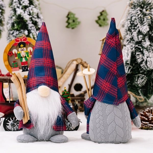 Christmas gnome set with red blue plaid hats and wooden skis for holiday decor