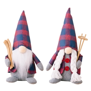 Christmas gnome plush set with red blue plaid hats and wooden skiing accessories