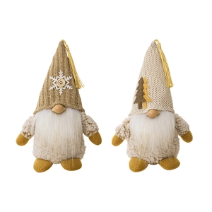 Set of two Christmas gnomes with knit hats, wooden snowflakes and plush white beards