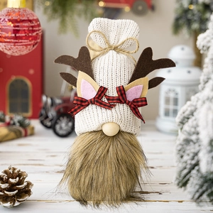 Christmas Reindeer Gnome Decoration Knitted Antler Tomte Plush Doll Festive Desktop Ornament Faux Fur Beard Handmade