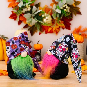 Pair of colorful Halloween gnomes with Day of the Dead sugar skull prints and vibrant beards
