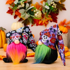 Halloween gnomes with colorful gradient beards and sugar skull hats for holiday decor