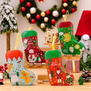 Christmas Sock Shaped Tinplate Gift Box Candy Jar Hanging Ornament Nutcracker Snowman Gingerbread Man Patterns Holiday Decoration