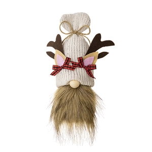 Christmas reindeer gnome with white knit shell hat, brown antlers, and fuzzy beard decoration