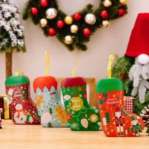 Set of 4 Christmas stocking shaped tin gift boxes with festive holiday patterns and lanyards