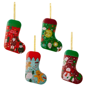 Set of 4 Christmas stocking-shaped tinplate gift boxes with festive holiday designs