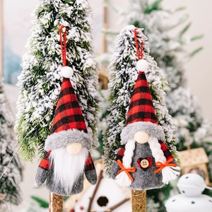 Gnome Christmas Ornaments With LED Light Red Black Buffalo Plaid Hat Scandinavian Tomte Plush Hanging Xmas Holiday Decor